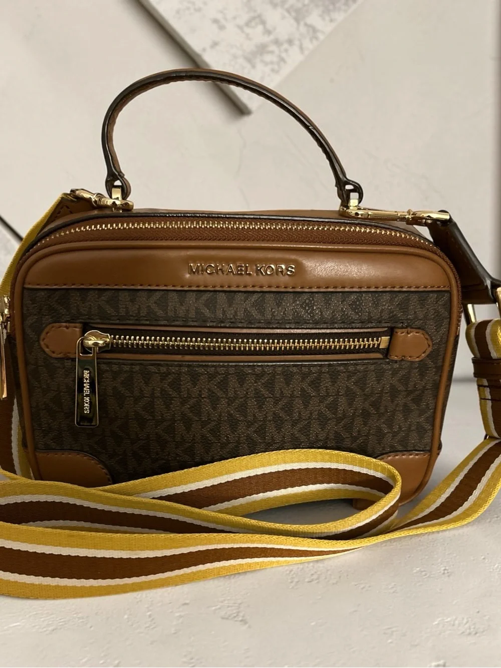 Michael Kors Tan Leather Top-Zip Crossbody Bag with Gold Hardware